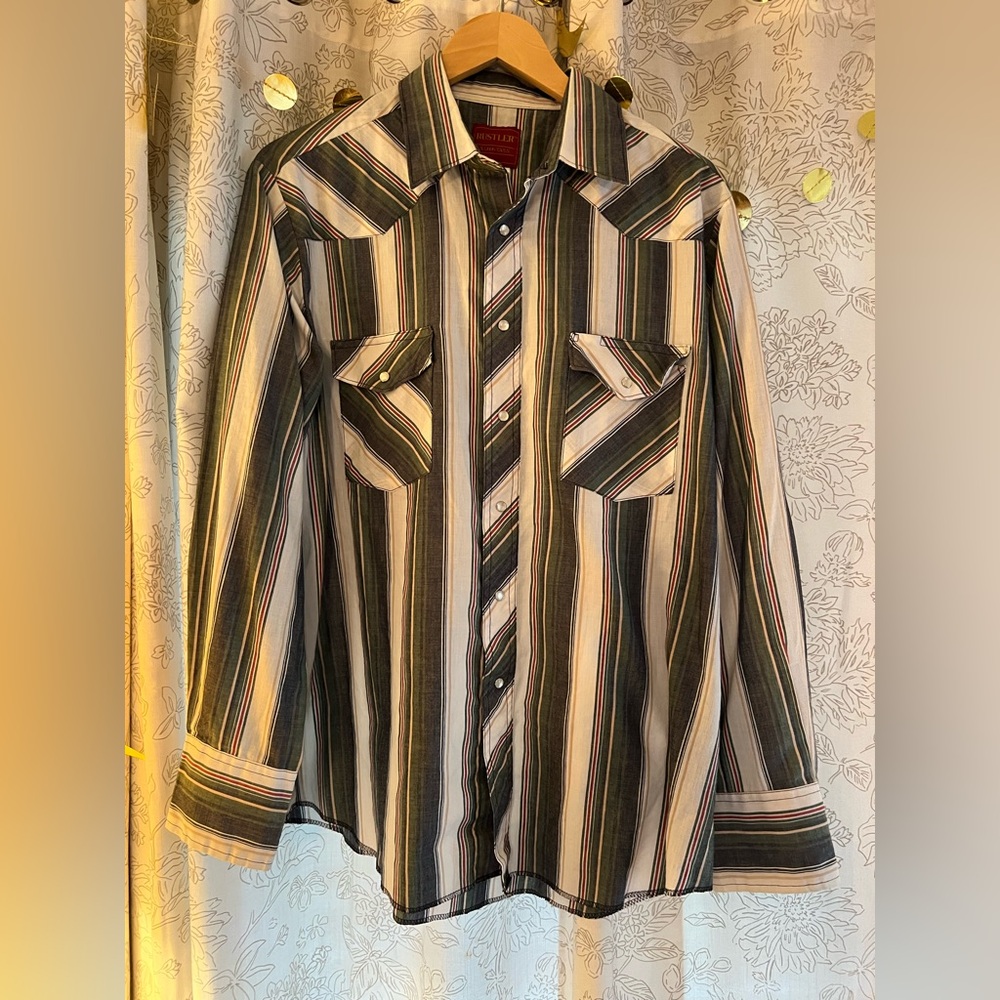 Rustler Western Pearl Snap Striped Rockabilly Shirt Men’s Large X-Long Tails